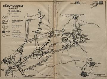 The image is taken from the book "In Memory of the Battles of Northern Latvia and Cēsis, 1919-1926", published in 1926. The author of the map is Voldemārs Ozols. The book is publicly available in the LNB Internet repository https://ej.uz/ddzx