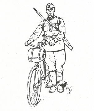 Latvian Army cyclist soldiers standing next to their bicycles. 1930s.